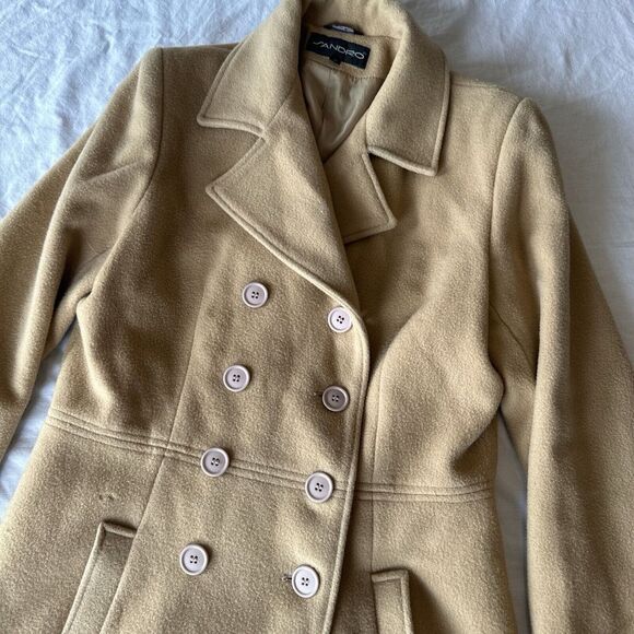 Sandro Pure Wool Peacoat Women's Medium Tan Double Breasted‎ Notch Lapel - Picture 1 of 7